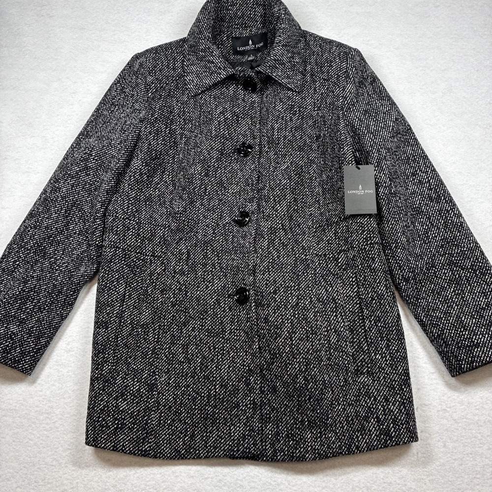 London Fog Wool Blend Sz Large Heather Black/White Classic Tweed Peacoat Jacket